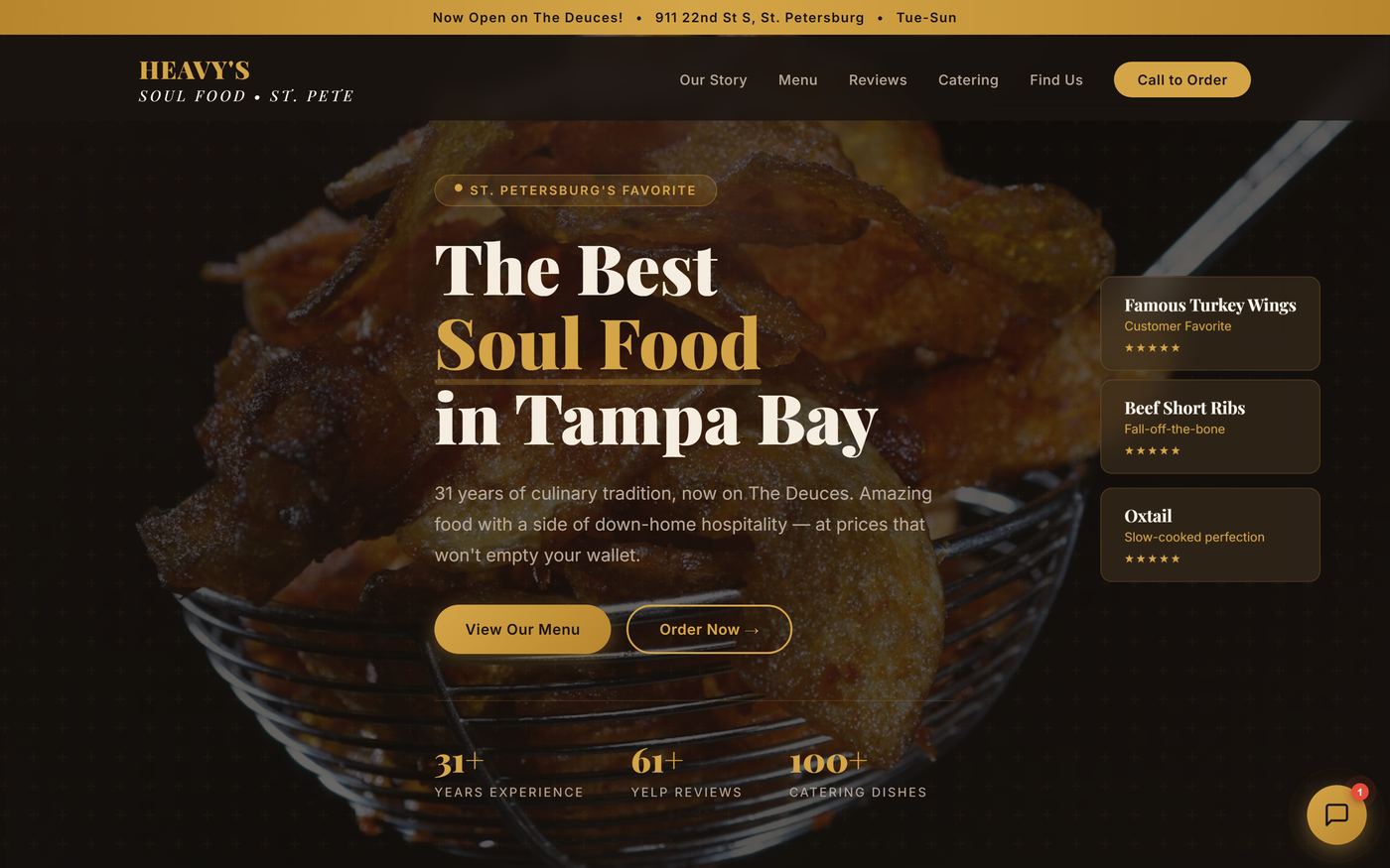 The rebuilt Heavy's site: a dark gold layout with a close-up food hero, a Call to Order button, dish cards with star ratings, and a stat row.