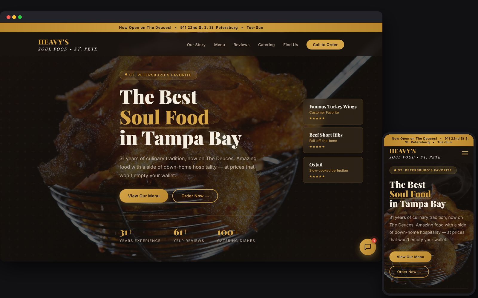 The Heavy's rebuild on desktop and mobile: a dark gold layout with a close-up food hero and a Call to Order button.