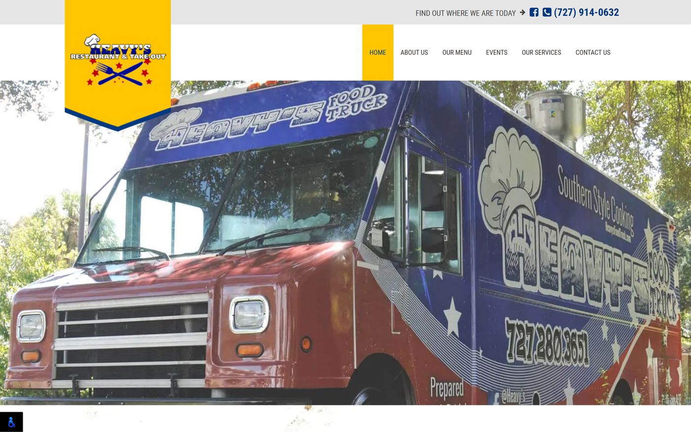 The original Heavy's Restaurant website: a full-width truck photo under a yellow logo badge, with the menu and ordering buried below.