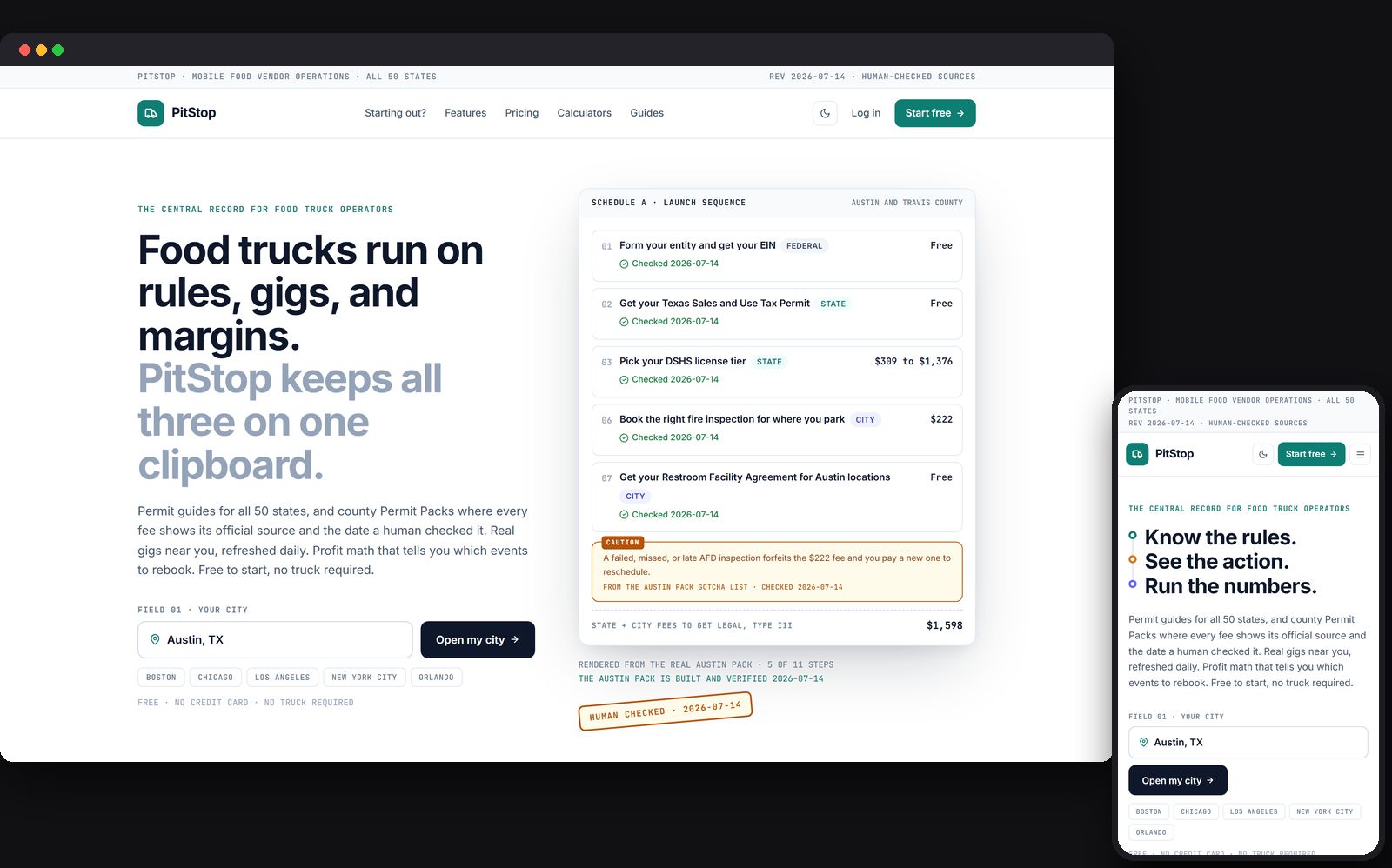 PitStop shown on desktop and mobile: a permit launch sequence for Austin with per-step fees and human-checked dates.