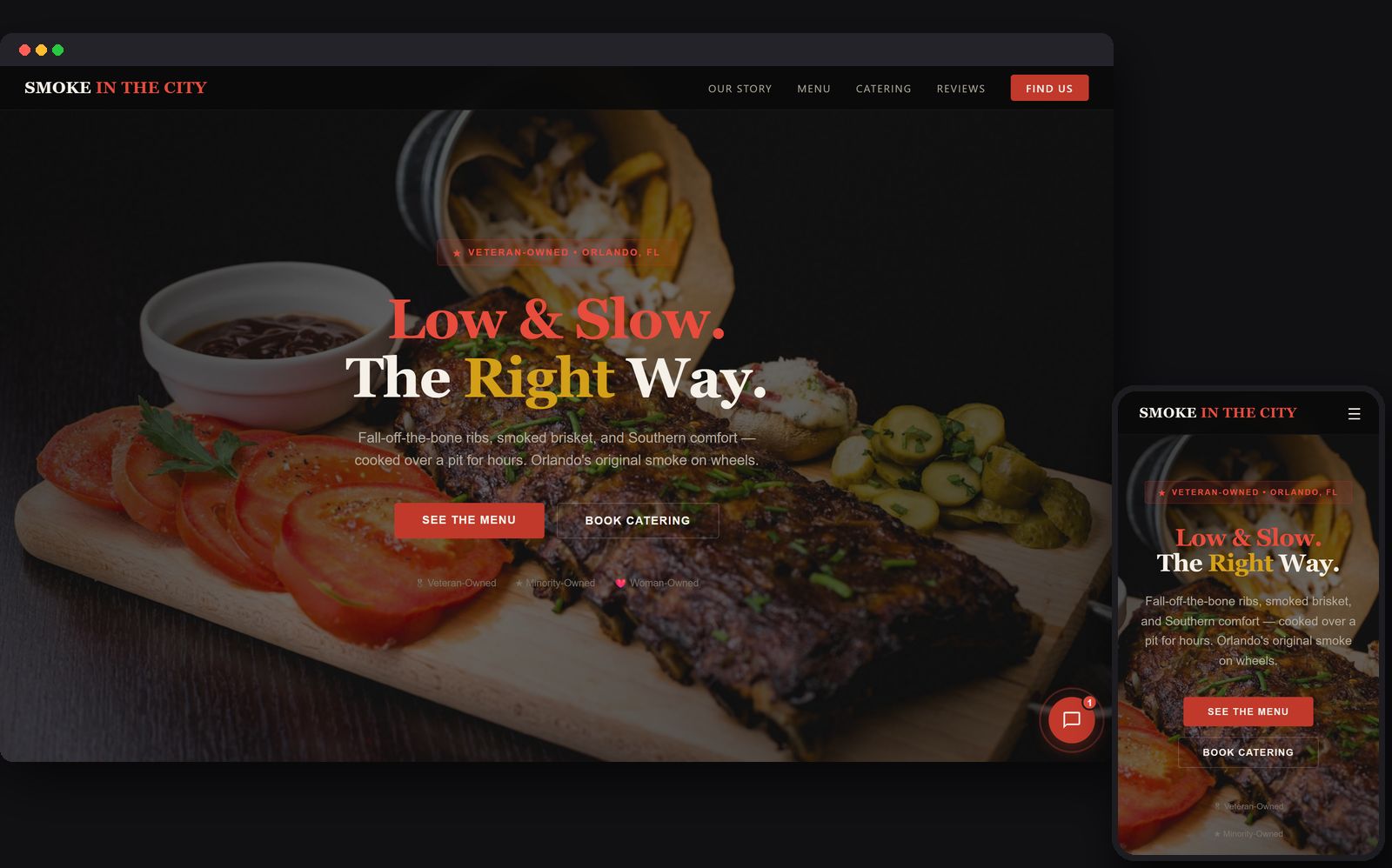 The Smoke In The City barbecue site on desktop and mobile, with the menu and ordering path up front.