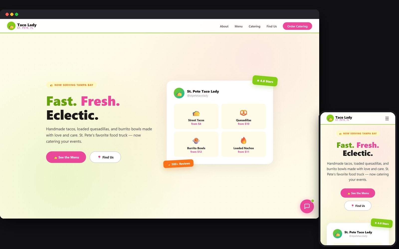 The St. Pete Taco Lady site on desktop and mobile, showing the menu and catering sections.